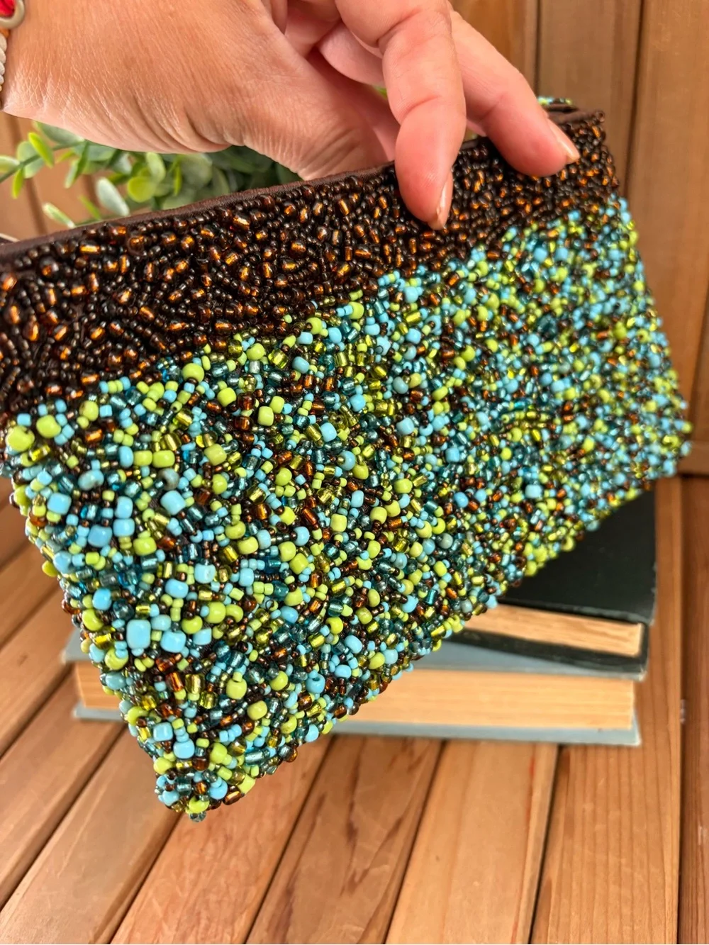 Hand Beaded Boho Clutch Wristlet in Brown Turquoise & Lime Green Seed Beads Y2K